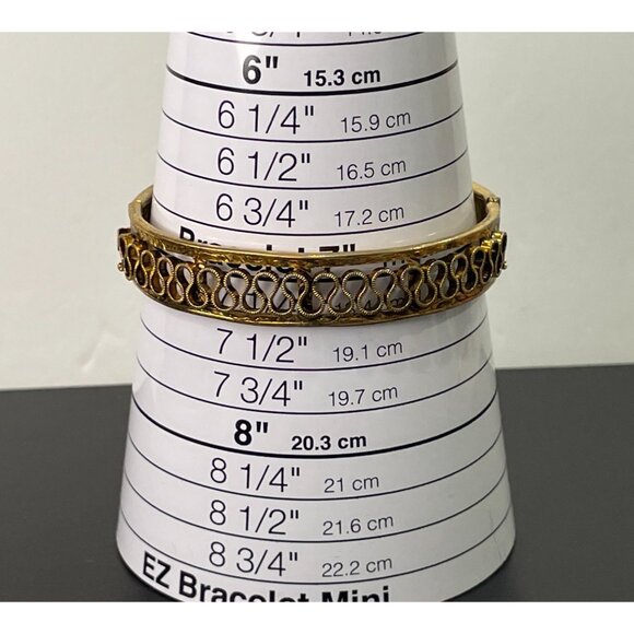Vintage Gold-Toned Hinged Bangle Bracelet W/ Ornate Floral & Filigree Design - Picture 3 of 9